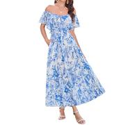 Grace Karin - Abito estivo elegante da donna, floreale, maxi, con maniche a volant, scollo a V, prendisole, Fiore blu e bianco., XL