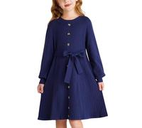 GRACE KARIN Abito in Maglia per Bambine Autunno Inverno Collo Tondo Maniche Lunghe Stile A-Line Blu Navy 7-8 Anni