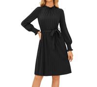 GRACE KARIN Abito midi da donna a maniche lunghe, girocollo, elegante, vintage, a costine, linea ad A, elastico arricciato, con cintura e tasca, Nero , M