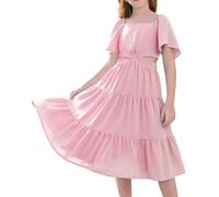 GRACE KARIN Bambine Abito con Volant Manica Corta A-Line Vestito con Collo Quadrato e Vita Ritagliata Abito da Festa Rosa 10 Anni