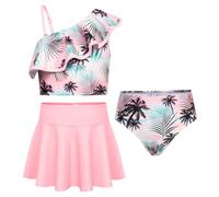 GRACE KARIN Bikini da bambina a tre pezzi, con tracolla regolabile, con lettera bikini e gonna da nuoto, Palma rosa, 8 anni