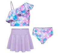 GRACE KARIN Bikini da bambina a tre pezzi, con tracolla regolabile, con lettera bikini e gonna da nuoto, Lilla, 8 anni