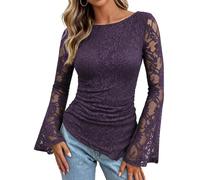GRACE KARIN Camicetta da donna in pizzo con maniche a campana trasparenti | Top in pizzo increspato, camicetta aderente elastica, manica in rete trasparente, top con orlo asimmetrico
