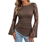 GRACE KARIN Camicetta da donna in pizzo con maniche a campana trasparenti | Top in pizzo increspato, camicetta aderente elastica, manica in rete trasparente, top con orlo asimmetrico