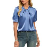 GRACE KARIN Camicetta da donna in raso a maniche corte top estivo elegante camicia in seta elegante camicia casual da ufficio lavoro top per signore UK, Grigio-blu, M