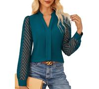GRACE KARIN Camicetta elegante da donna testurizzata a maniche lunghe, camicia da lavoro classica Henry con scollo a V, Blu verde, S