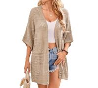 GRACE KARIN Cardigan Traforato Squisito da Donna Copricostume Bikini Kimono Lungo in Maglia Manica Corta Top Costume da Bagno Cachi Chiaro XL