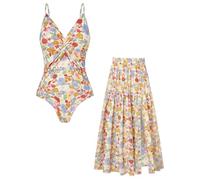 GRACE KARIN Costume da bagno da donna, in due pezzi, con scollo a V, monokini, elegante, motivo floreale, stampato, costume da bagno intero con copertina Up Rock, set da 2 pezzi, Fiori colorati di