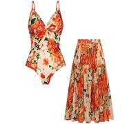 GRACE KARIN Costume da bagno intero da donna, monokini con scollo a V, elegante stampa floreale, set da 2 pezzi con gonna coprente e controllo della pancia, arancione floreale, L