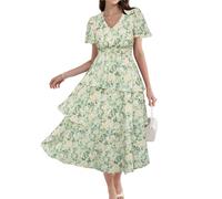 GRACE KARIN Donna Abito Midi Svasato A-Line Scollo V Maniche Corte Vita Elastica