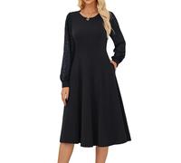 GRACE KARIN Elegante abito da cocktail formale da donna, in pizzo, a maniche lunghe, girocollo, a trapezio, casual, tinta unita, Nero , L
