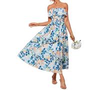 GRACE KARIN Maxi abito da donna floreale con spalle scoperte senza spalline con scollo all'americana a balze abito casual per matrimoni estivi, bianco-blu, XL
