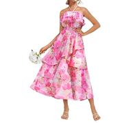 GRACE KARIN Maxi abito da donna floreale con spalle scoperte senza spalline con scollo all'americana a balze abito casual per matrimoni estivi, Rosa, L