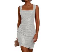 GRACE KARIN Mini abito da donna con paillettes, scollo quadrato, senza maniche, orlo irregolare, aderente, per feste e discoteche, Argento, XXL