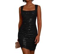 GRACE KARIN Mini abito da donna con paillettes, scollo quadrato, senza maniche, orlo irregolare, aderente, per feste e discoteche, Nero , XL