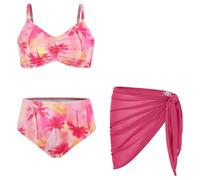 GRACE KARIN Set da bagno da bambina, 3 pezzi, con parte superiore bikini, pantaloni e sarong, per sport acquatici, Motivo palma da cocco magenta, 10 anni