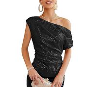 GRACE KARIN Top Donna con Paillettes a Spalla Singola, Asimmetrico & Interamente Foderato, Outfit Festivo da Party, Nero , XXL