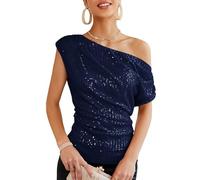 GRACE KARIN Top Donna con Paillettes a Spalla Singola, Asimmetrico & Interamente Foderato, Outfit Festivo da Party, Blu scuro, XL