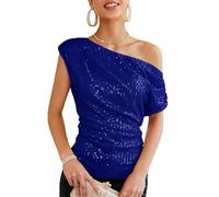 GRACE KARIN - Top Donna Elegante con Paillettes per Festa, Top Avvolgente con Ruches e Glitter, Blusa Scintillante, Royal, XL