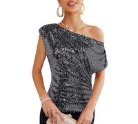 GRACE KARIN - Top Donna Elegante con Paillettes per Festa, Top Avvolgente con Ruches e Glitter, Blusa Scintillante, Nero/argento, M