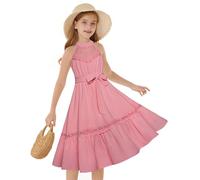 GRACE KARIN Vestito estivo da bambina, senza maniche, elegante, in pizzo, linea ad A, formale, casual, con fiori, da spiaggia, Rosa scuro, 12-14 Anni