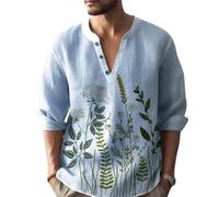 GRACEART Camicia Henley in cotone e lino casual da spiaggia, Blu, S