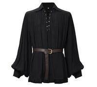 GRACEART Camicia oversize medievale da poeta pirata rinascimentale, abbigliamento casual per uomini o donne, Nero con cintura, XS