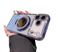 Gradient Glitter Holder Makeup Mirror Protective Case for iPhone 17,Foldable Kickstand Magnetic Diamond Case with Camera Lens Protector,Rhinestone Plating Phone Cases (Blue, for iphone 17 pro)