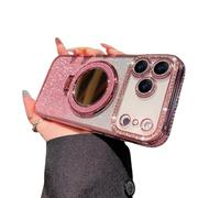 Gradient Glitter Holder Makeup Mirror Protective Case for iPhone 17,Foldable Kickstand Magnetic Diamond Case with Camera Lens Protector,Rhinestone Plating Phone Cases (Pink, for iphone 17 pro max)