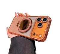 Gradient Glitter Holder Makeup Mirror Protective Case for iPhone 17,Foldable Kickstand Magnetic Diamond Case with Camera Lens Protector,Rhinestone Plating Phone Cases (Orange, for iphone 17 air)
