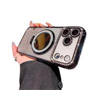Gradient Glitter Holder Makeup Mirror Protective Case for iPhone 17,Foldable Kickstand Magnetic Diamond Case with Camera Lens Protector,Rhinestone Plating Phone Cases (Black, for iphone 17 pro max)