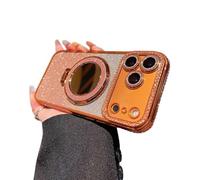 Gradient Glitter Holder Makeup Mirror Protective Case for iPhone 17 Pro Max, Magnetic Stand Glitter Rhinestone Diamond Phone Case with Camera Lens Protector Makeup Mirror (Orange,17)