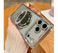 Gradient Glitter Holder Makeup Mirror Protective Case for iPhone 17 Pro Max, Magnetic Stand Glitter Rhinestone Diamond Phone Case with Camera Lens Protector Makeup Mirror (Silver,15)