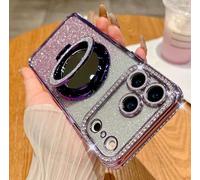 Gradient Glitter Holder Makeup Mirror Protective Case for iPhone 17 Pro Max, Magnetic Stand Glitter Rhinestone Diamond Phone Case with Camera Lens Protector Makeup Mirror (Purple,16)