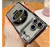 Gradient Glitter Holder Makeup Mirror Protective Case for iPhone 17 Pro Max, Magnetic Stand Glitter Rhinestone Diamond Phone Case with Camera Lens Protector Makeup Mirror (Black,16)