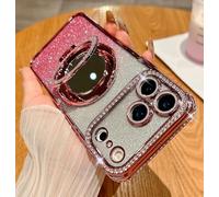 Gradient Glitter Holder Makeup Mirror Protective Case for iPhone 17 Pro Max, Magnetic Stand Glitter Rhinestone Diamond Phone Case with Camera Lens Protector Makeup Mirror (Pink,17pro)