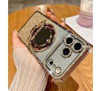 Gradient Glitter Holder Makeup Mirror Protective Case for iPhone 17 Pro Max, Magnetic Stand Glitter Rhinestone Diamond Phone Case with Camera Lens Protector Makeup Mirror (Gold,14pro)