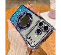 Gradient Glitter Holder Makeup Mirror Protective Case for iPhone 17 Pro Max, Magnetic Stand Glitter Rhinestone Diamond Phone Case with Camera Lens Protector Makeup Mirror (Blue,14plus)