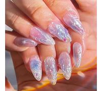 Gradient Purple Press on Nails Mandel Medium Fake Nails con design 3D perle e stelle Full Cover Dreamy Acrilico Unghie French False Nails Glossy Stick on per donna manicure 24 pezzi