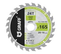 GRAFF 165mm x 20mm x 24 Denti (adattatore da 16 mm) Lama per Sega Circolare per Legno (grossa) - Lama per Sega per Tagli Rapidi di Legno Tenero e Duro - Compatibile con Lama per Sega Makita e Bosch