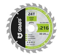 GRAFF 216mm x 30mm x 24 Denti (adattatore da 20 mm) Lama per Sega Circolare per Legno (grossa) - Lama per Sega per Tagli Rapidi di Legno Tenero e Duro - Compatibile con Lama per Sega Makita e Bosch