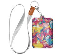 Graffiti Art Cuori Stelle Dolce Lavoro Porta Badge per le Donne con Cordino e Capacità 3-Card Holder per Ufficio Shcool Ospedale e Patente di Guida