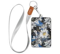 Graffiti Art Flowers Blue Butterflies porta badge in pelle con cordino e porta carte di credito con capacità di 3 carte per impiegati, infermieri, insegnanti, studenti