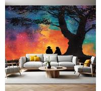 Graffiti Carta da Parati Dipinto ad acquerello coppia sotto l'albero Fotomurali Effetto 3D Poster 450 x 315 cm Murale Poster Moderna Decor per Camera da letto Camera dei Bambini Soggiorno