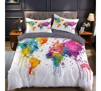 Graffiti Copripiumino Matrimoniale 250x200 cm Mappa del mondo ad acquerello Set Biancheria da Letto 3 Pezzi in Poliestere Stampa 3D con 2 Federe 50x80 cm