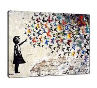 Graffiti Street Wall Art Banksy Pittura Opera d'arte di grandi dimensioni incorniciata Graffiti Ragazza con farfalla Decorazione da parete Stampe su tela Immagine di graffiti per camera dei bambini Camera da letto Pronto da appendere -45 "Lx60 "H