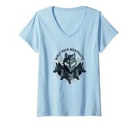 Grafica Animalier Wolf Pack Mentality Wilderness Spirit Maglietta con Collo a V, Donna, Celeste, S