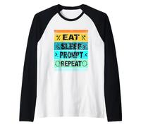 Grafica Artistica Meme AI Retro Eat Sleep Prompt Repeat Maglia con Maniche Raglan