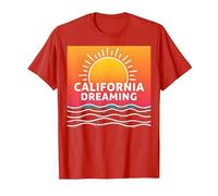 Grafica California Dreaming Tramonto Spiaggia Maglietta, Uomo, Rosso, 3XL