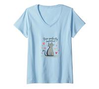 Grafica Carina degli Amanti dei Gatti Perfettamente imperfetti Maglietta con Collo a V, Donna, Celeste, S